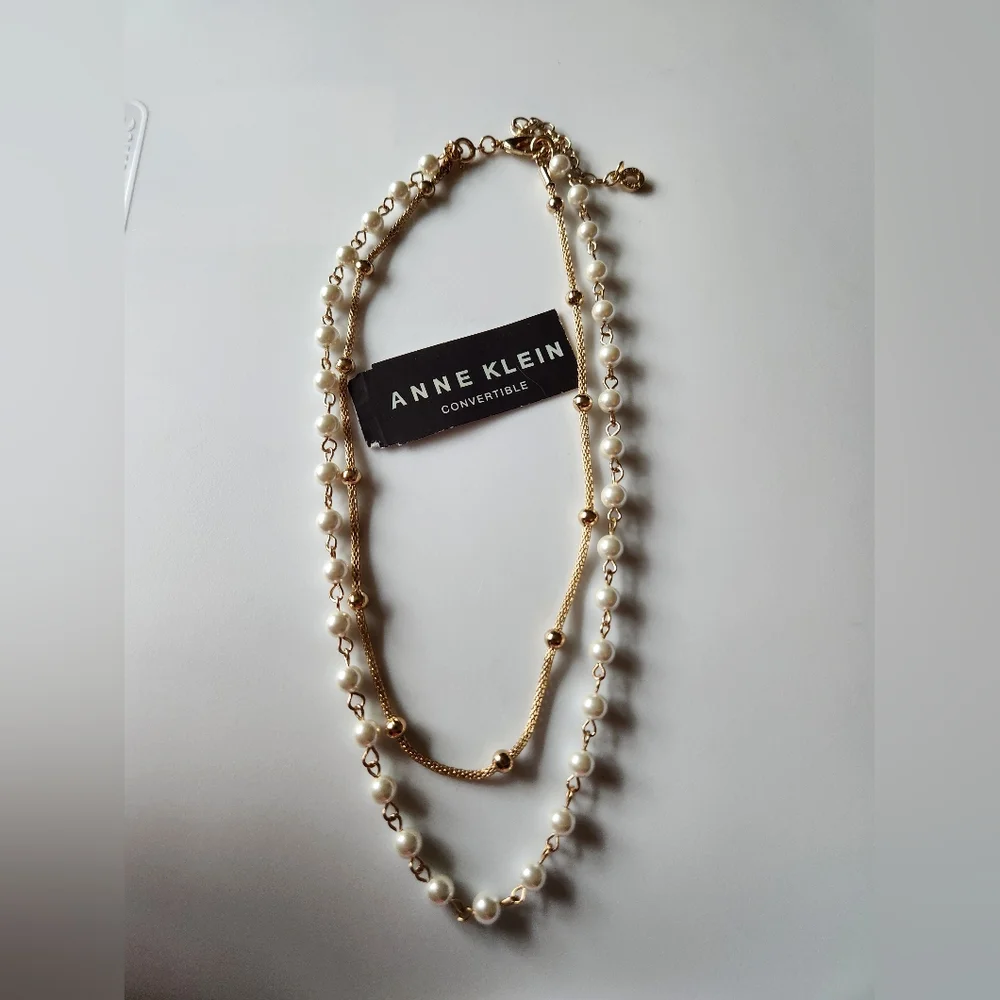 Anne Klein Convertible Double Necklace Faux Pearls Gold Tone NWT